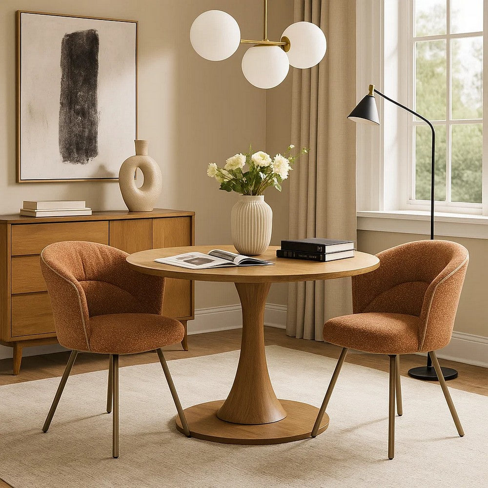 Benjara Ladi Dining Side Chair Set of 2, Rust Orange Boucle, Metal Angled Legs
