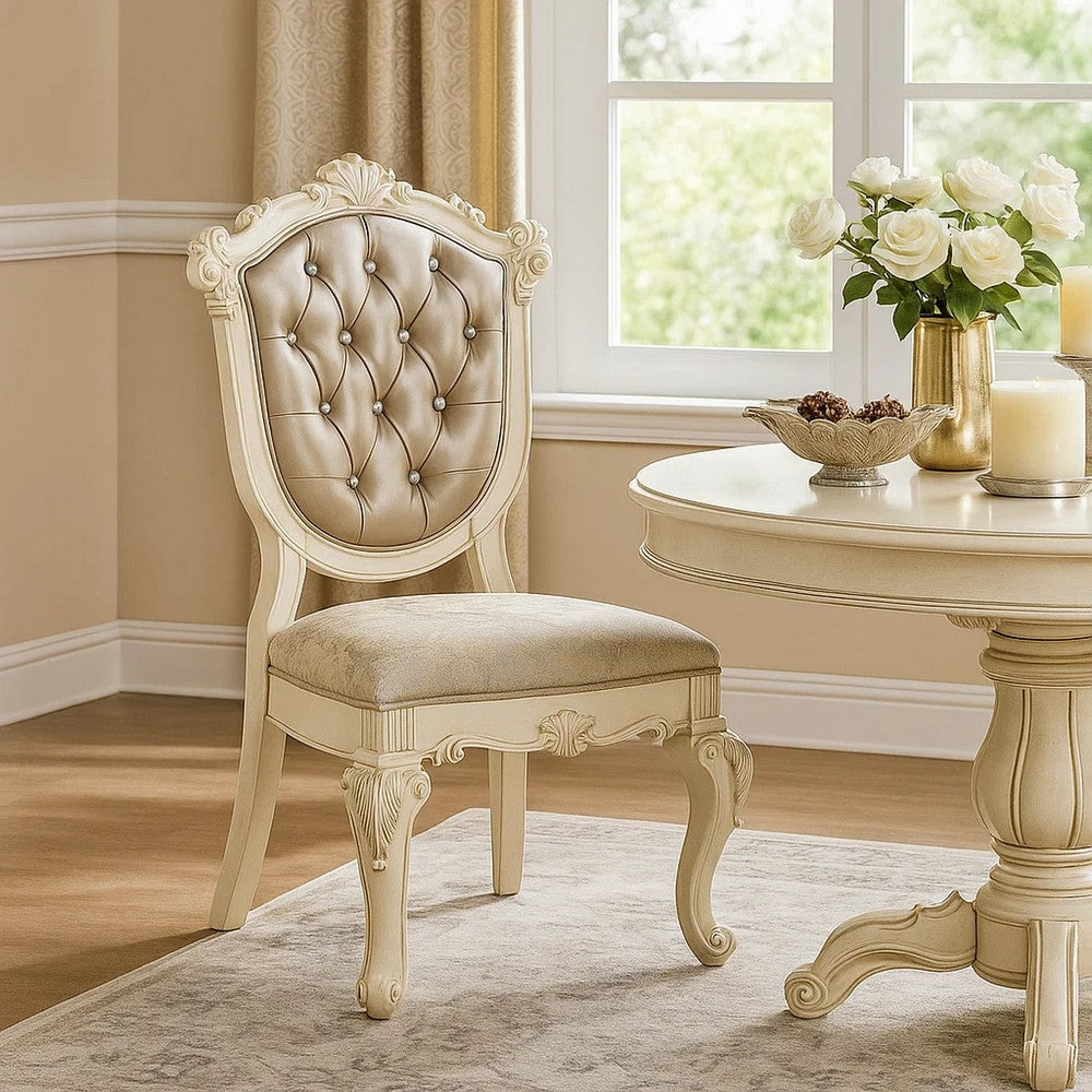 Benjara Cheny Dining Side Chair Set of 2, Faux Leather, Baroque Pearl Beige