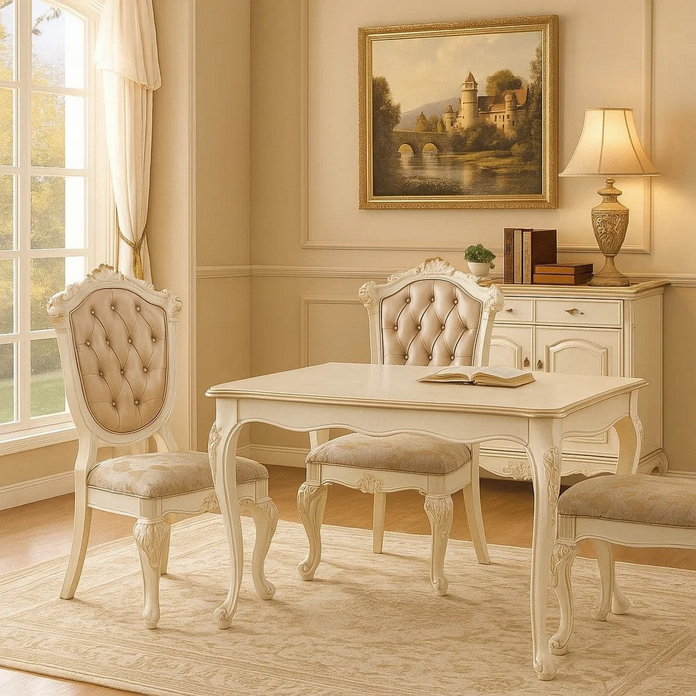 Benjara Cheny Dining Side Chair Set of 2, Faux Leather, Baroque Pearl Beige