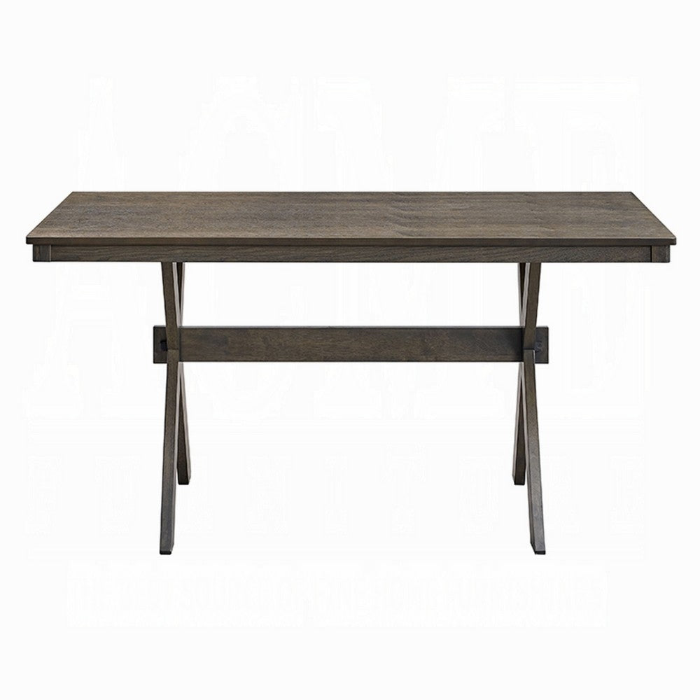 Benjara Meya Dining Table, 59 Inch Rectangular Top, Farmhouse Frame, Gray Wood