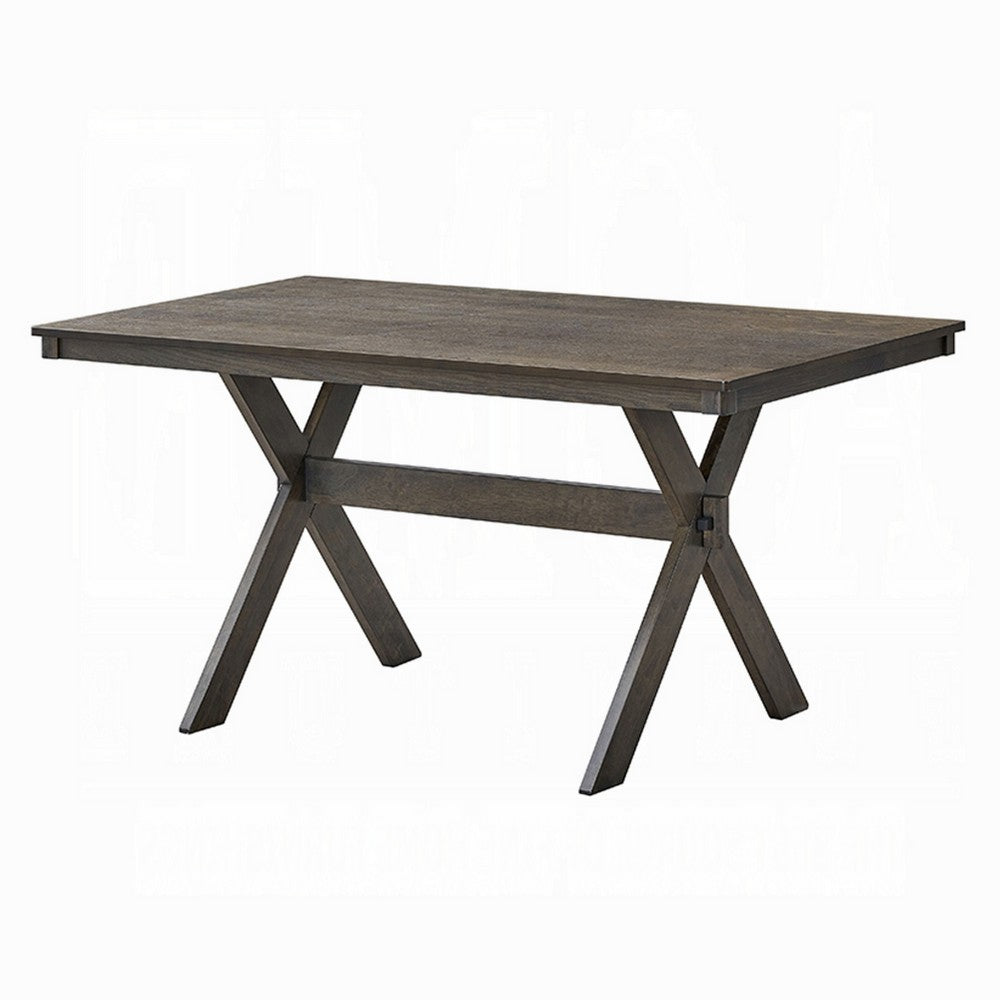 Benjara Meya Dining Table, 59 Inch Rectangular Top, Farmhouse Frame, Gray Wood
