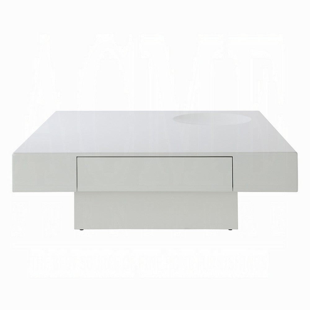 Benjara Keya Coffee Table, 43 Inch Square Plinth Top, High Gloss White Finish