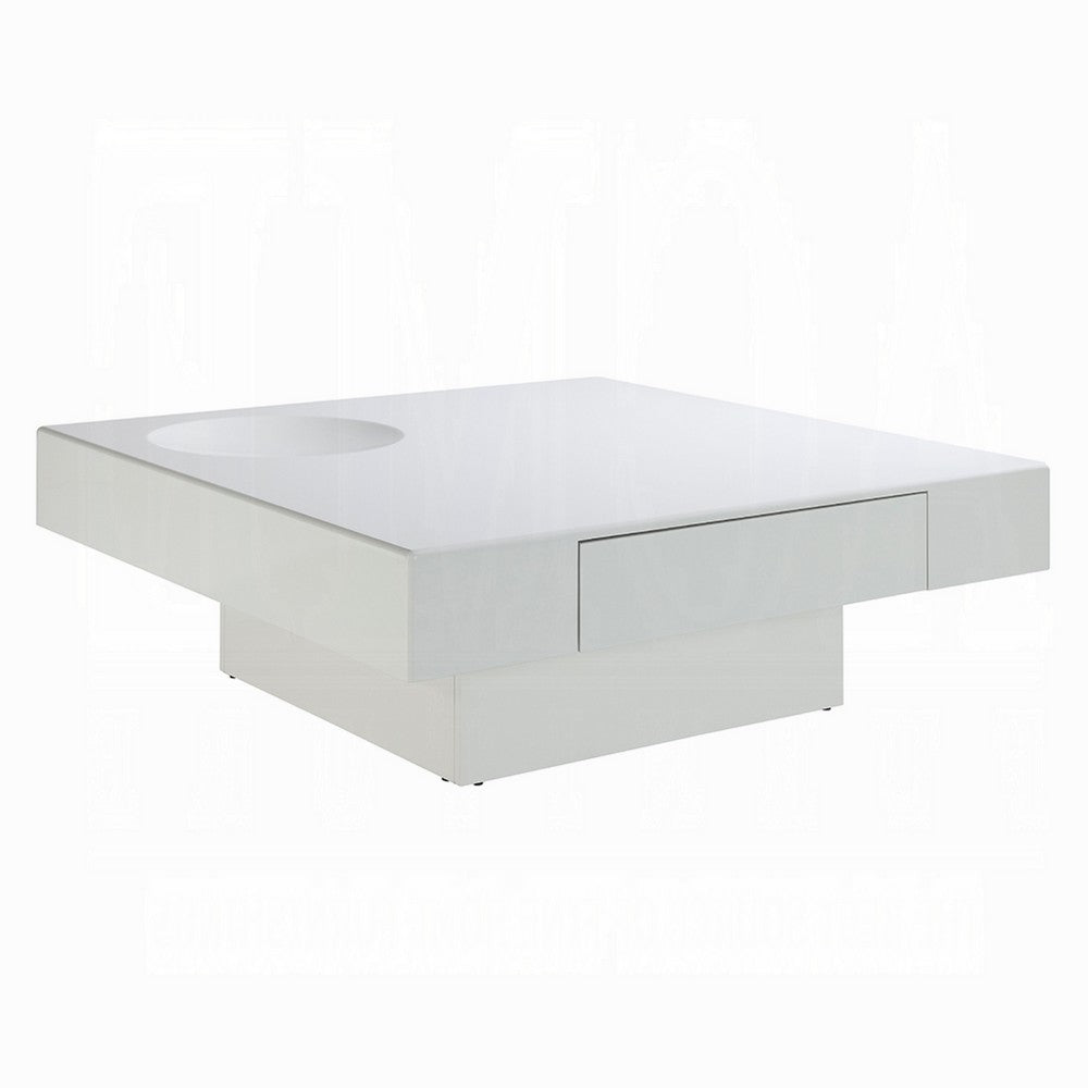 Benjara Keya Coffee Table, 43 Inch Square Plinth Top, High Gloss White Finish