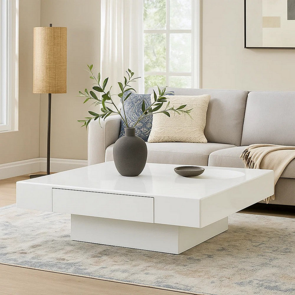 Benjara Keya Coffee Table, 43 Inch Square Plinth Top, High Gloss White Finish