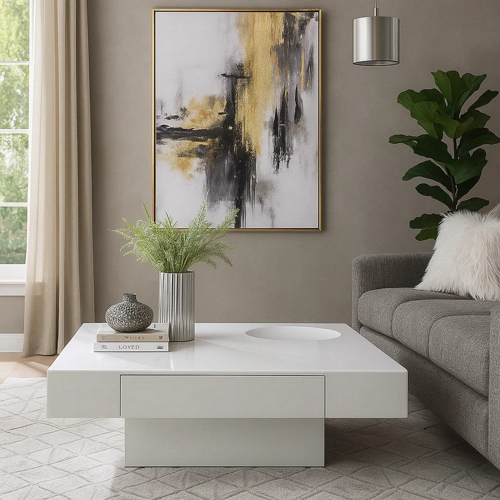 Benjara Keya Coffee Table, 43 Inch Square Plinth Top, High Gloss White Finish