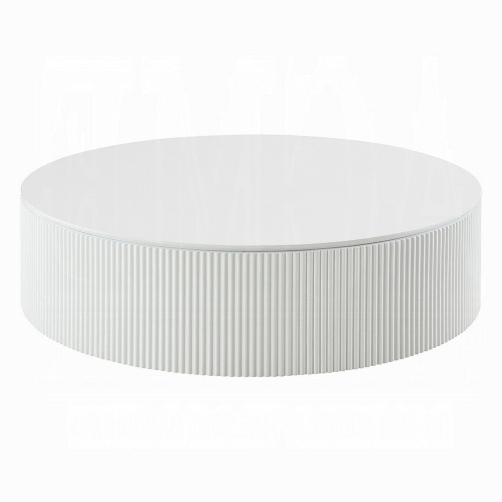 Benjara Del Modern Coffee Table, 47 Inch Round Top, Glossy White Ribbed Base