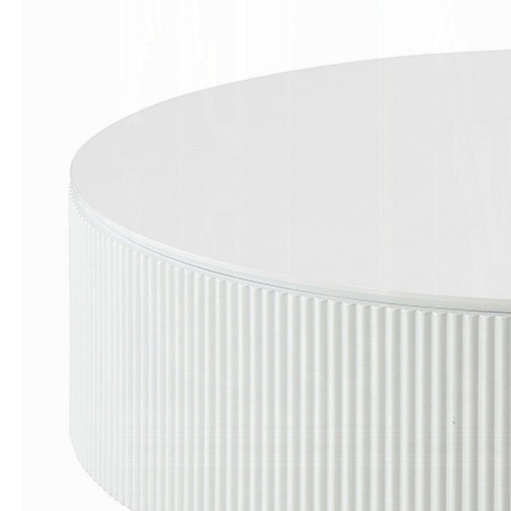 Benjara Del Modern Coffee Table, 47 Inch Round Top, Glossy White Ribbed Base