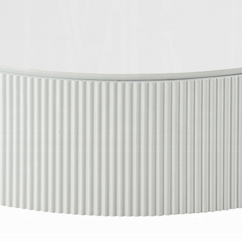 Benjara Del Modern Coffee Table, 47 Inch Round Top, Glossy White Ribbed Base