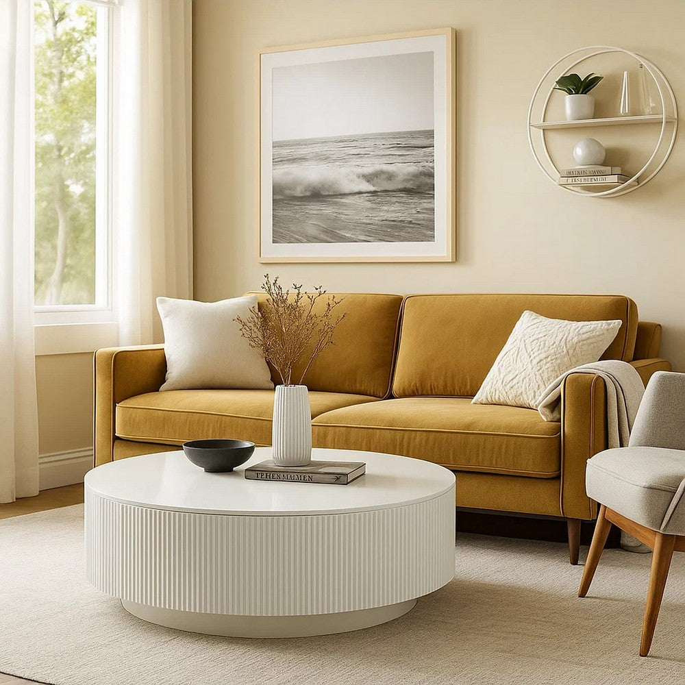 Benjara Del Modern Coffee Table, 47 Inch Round Top, Glossy White Ribbed Base
