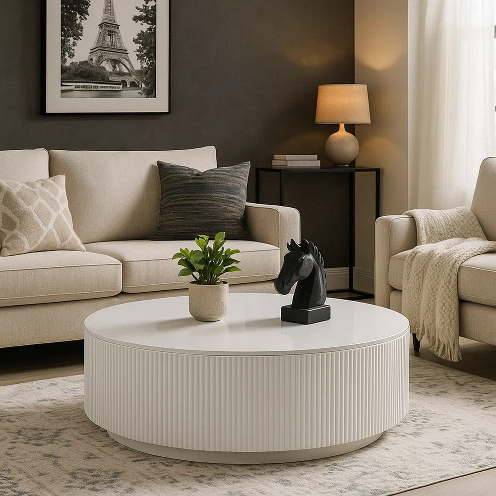 Benjara Del Modern Coffee Table, 47 Inch Round Top, Glossy White Ribbed Base