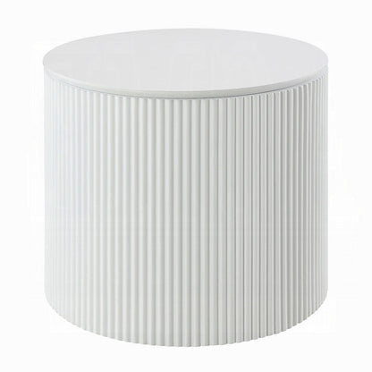 Benjara Del Modern Side End Table, 22 Inch Round Top, Glossy White Ribbed Base