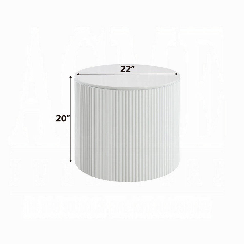 Benjara Del Modern Side End Table, 22 Inch Round Top, Glossy White Ribbed Base