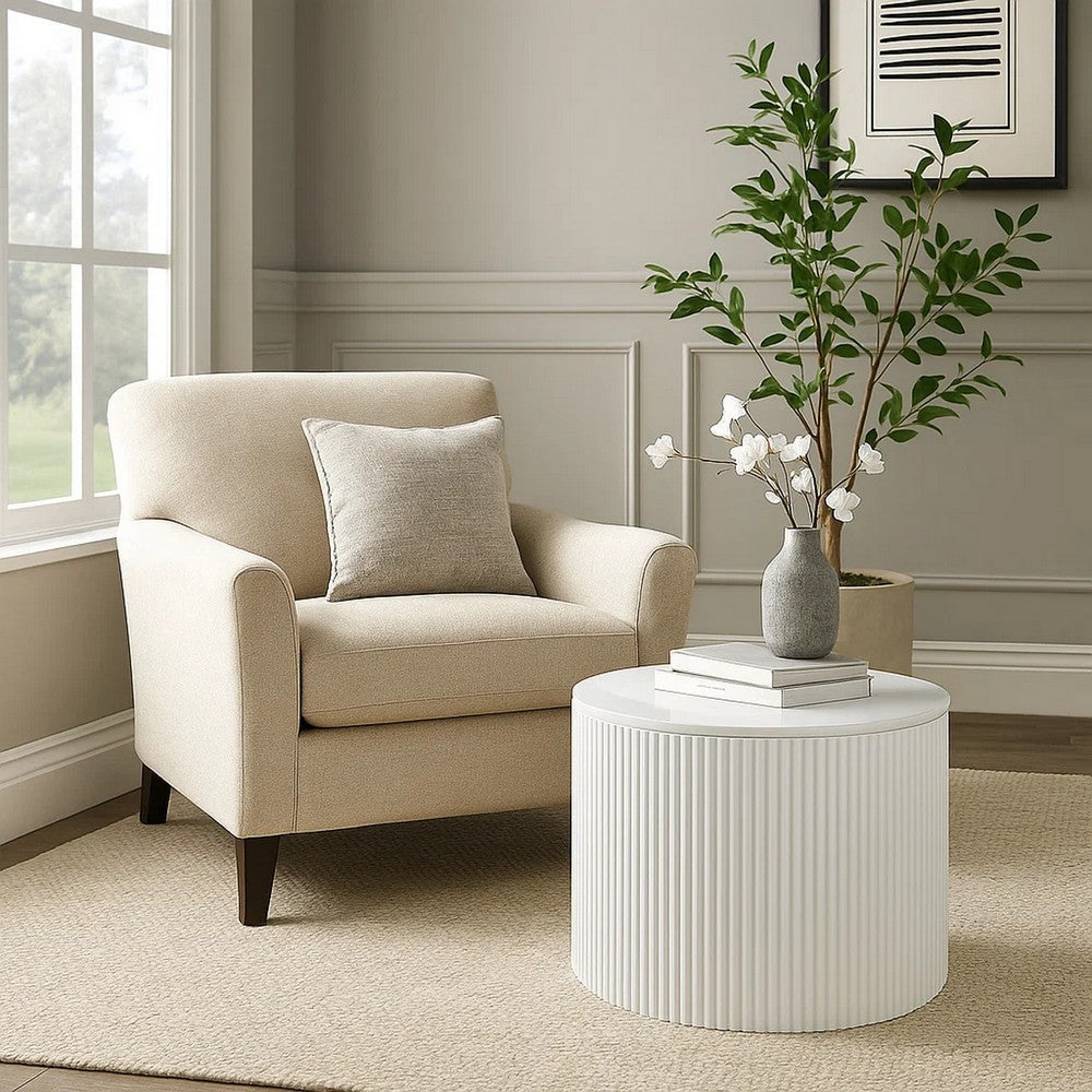 Benjara Del Modern Side End Table, 22 Inch Round Top, Glossy White Ribbed Base