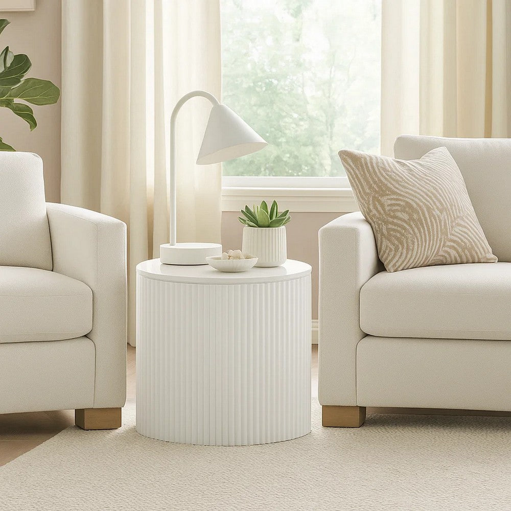 Benjara Del Modern Side End Table, 22 Inch Round Top, Glossy White Ribbed Base