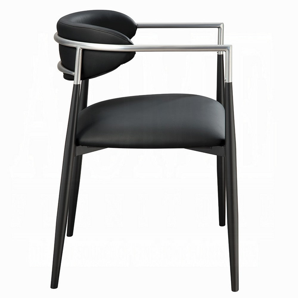 Benjara Vonn Dining Armchair Set of 2, Faux Leather Seat, Curved Back, Black Metal