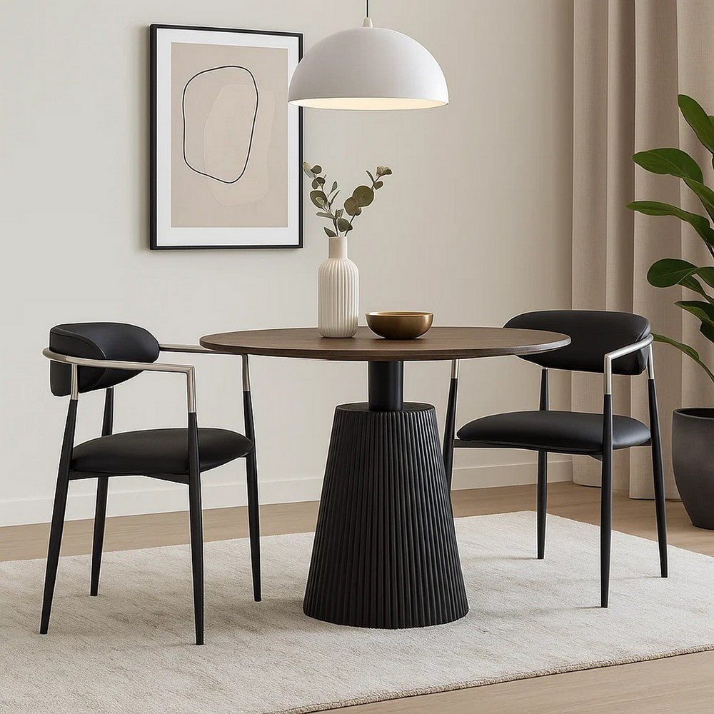 Benjara Vonn Dining Armchair Set of 2, Faux Leather Seat, Curved Back, Black Metal