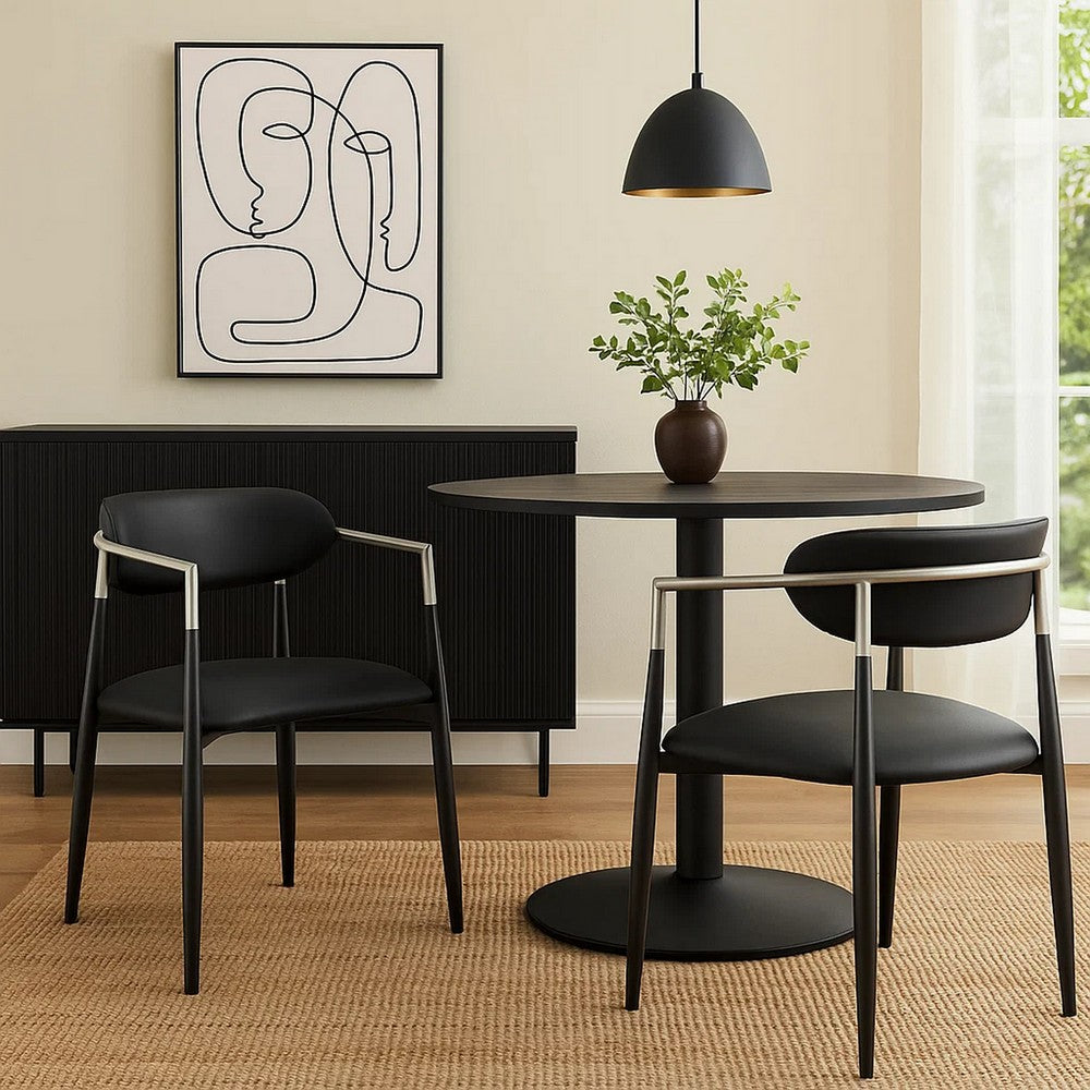 Benjara Vonn Dining Armchair Set of 2, Faux Leather Seat, Curved Back, Black Metal