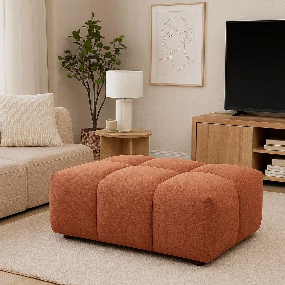 Benjara Leya Modular Ottoman, Tufted Coral Red Linen, 43 Inch Rectangular Seat