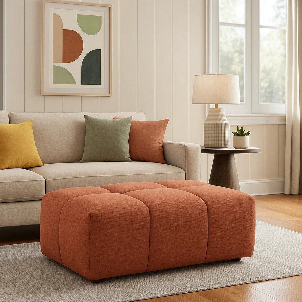 Benjara Leya Modular Ottoman, Tufted Coral Red Linen, 43 Inch Rectangular Seat
