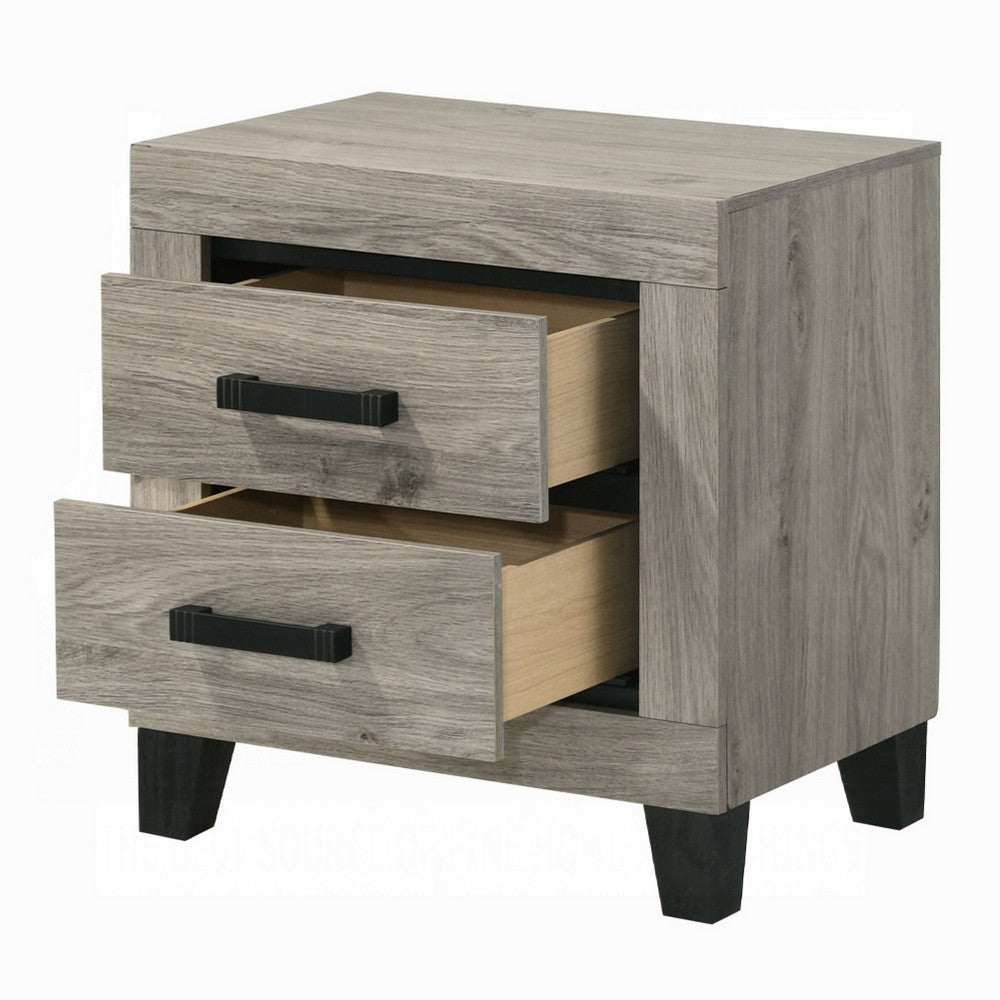 Benjara Rachy Nightstand, 2 Drawers with Black Metal Handles, Farmhouse Light Gray