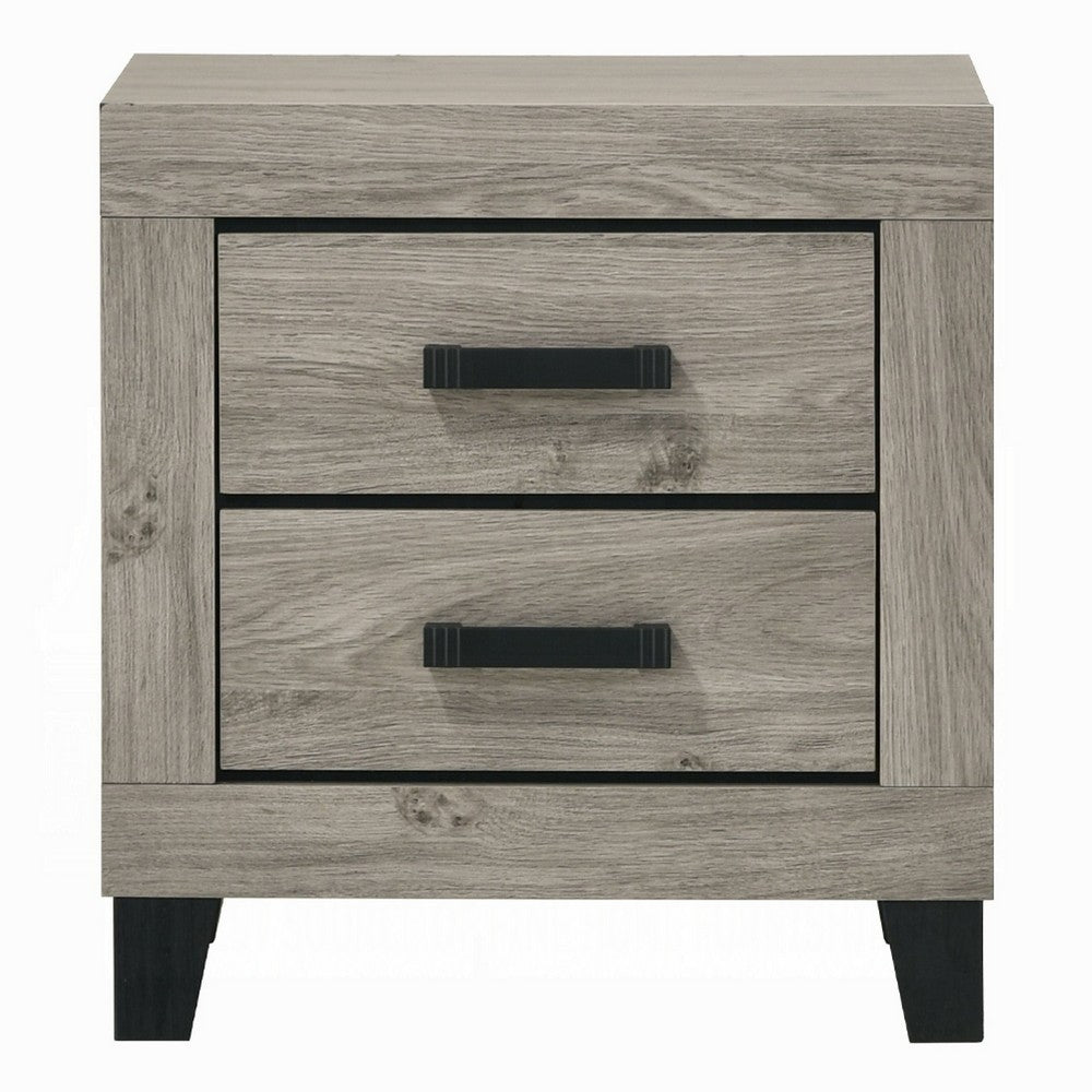 Benjara Rachy Nightstand, 2 Drawers with Black Metal Handles, Farmhouse Light Gray