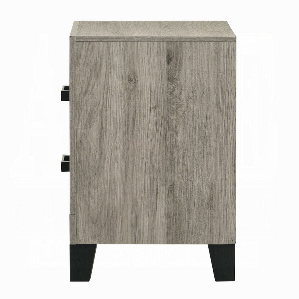 Benjara Rachy Nightstand, 2 Drawers with Black Metal Handles, Farmhouse Light Gray