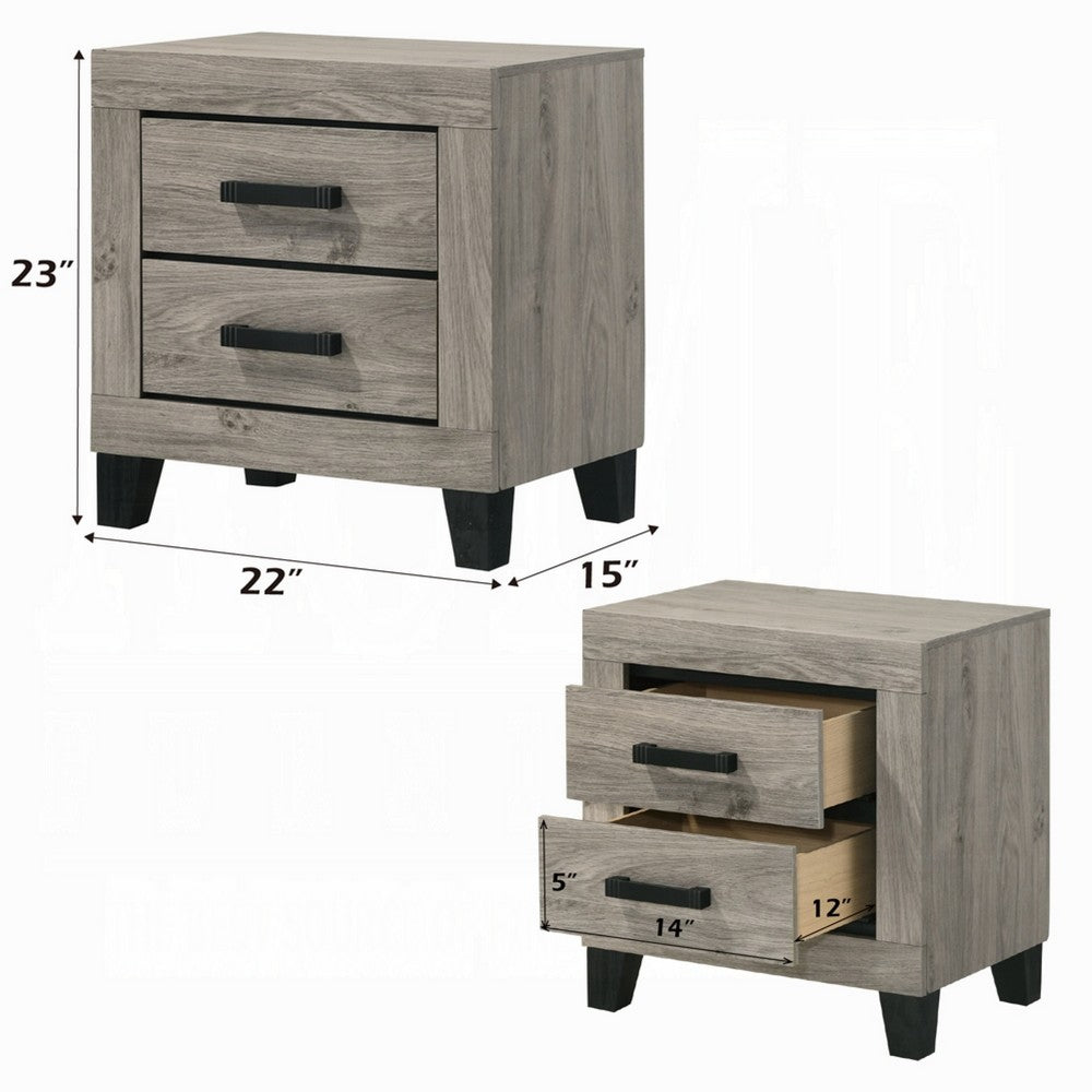 Benjara Rachy Nightstand, 2 Drawers with Black Metal Handles, Farmhouse Light Gray