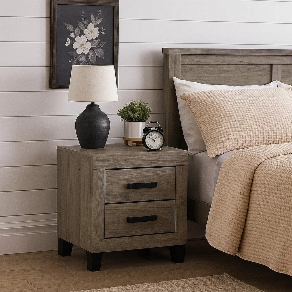 Benjara Rachy Nightstand, 2 Drawers with Black Metal Handles, Farmhouse Light Gray