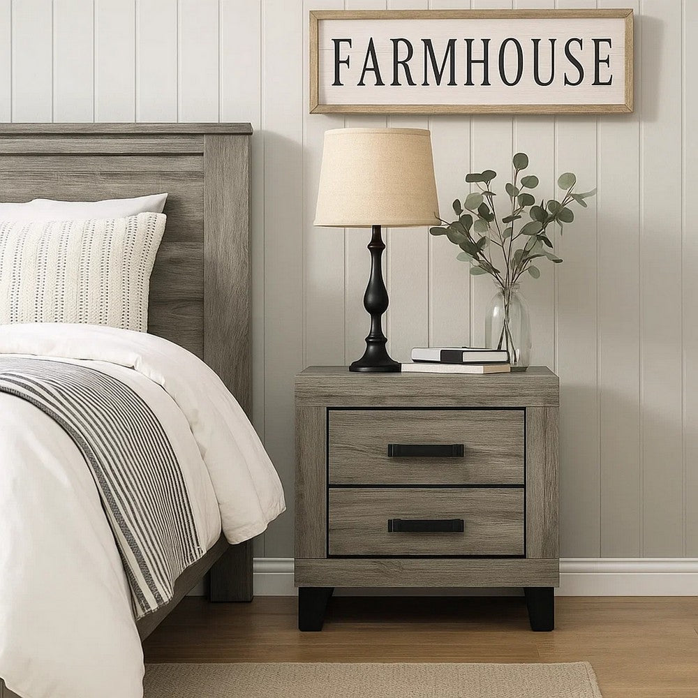 Benjara Rachy Nightstand, 2 Drawers with Black Metal Handles, Farmhouse Light Gray