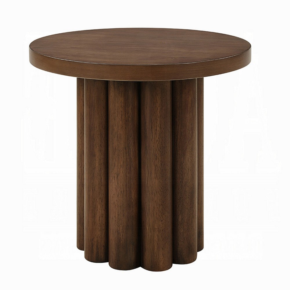 Benjara Sana Side End Table, 20 Inch Round Top, Rustic Fluted Base, Dark Brown