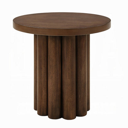Benjara Sana Side End Table, 20 Inch Round Top, Rustic Fluted Base, Dark Brown