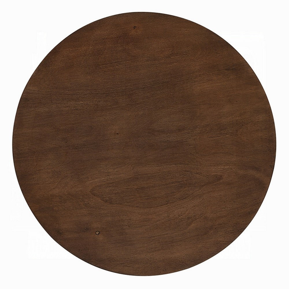 Benjara Sana Side End Table, 20 Inch Round Top, Rustic Fluted Base, Dark Brown