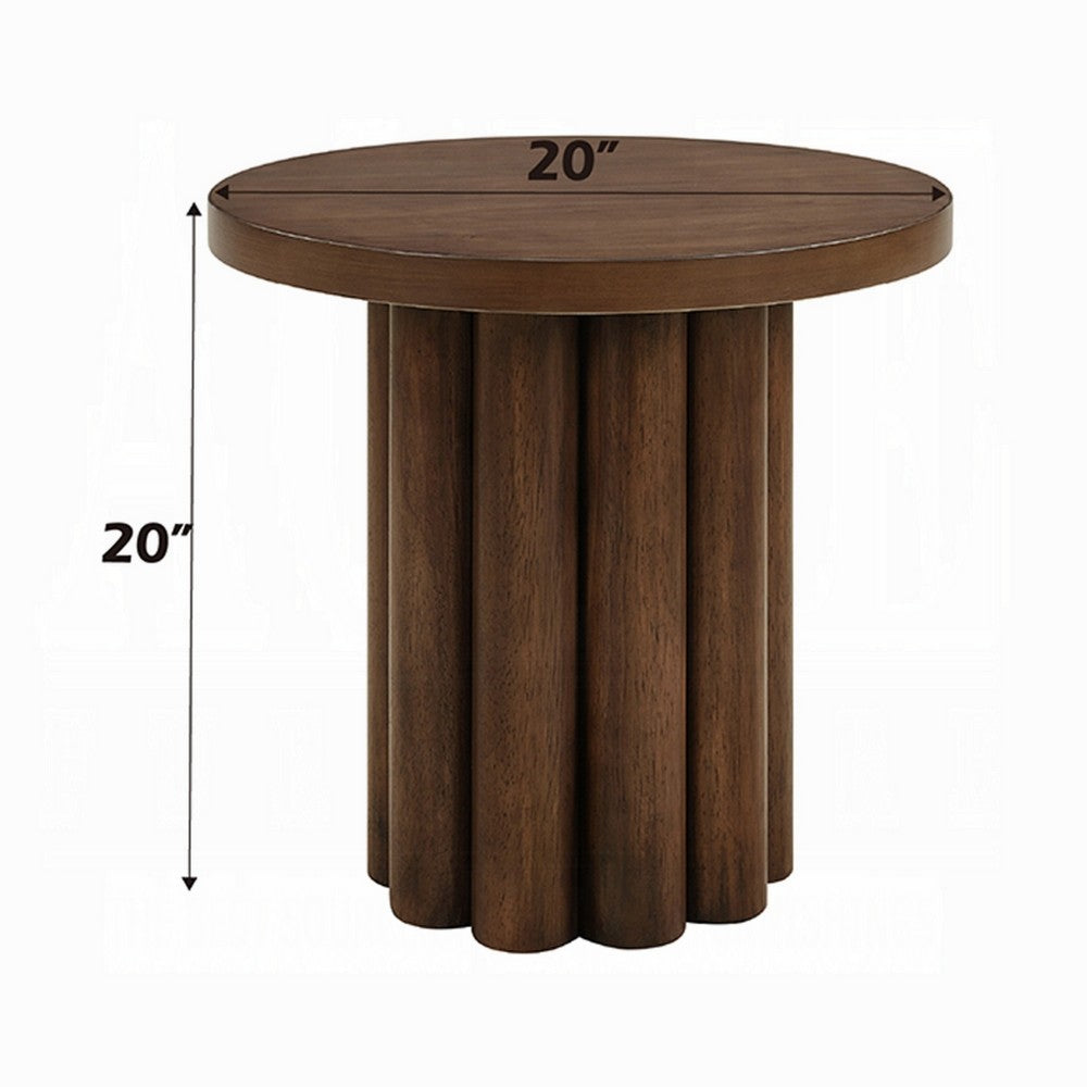 Benjara Sana Side End Table, 20 Inch Round Top, Rustic Fluted Base, Dark Brown