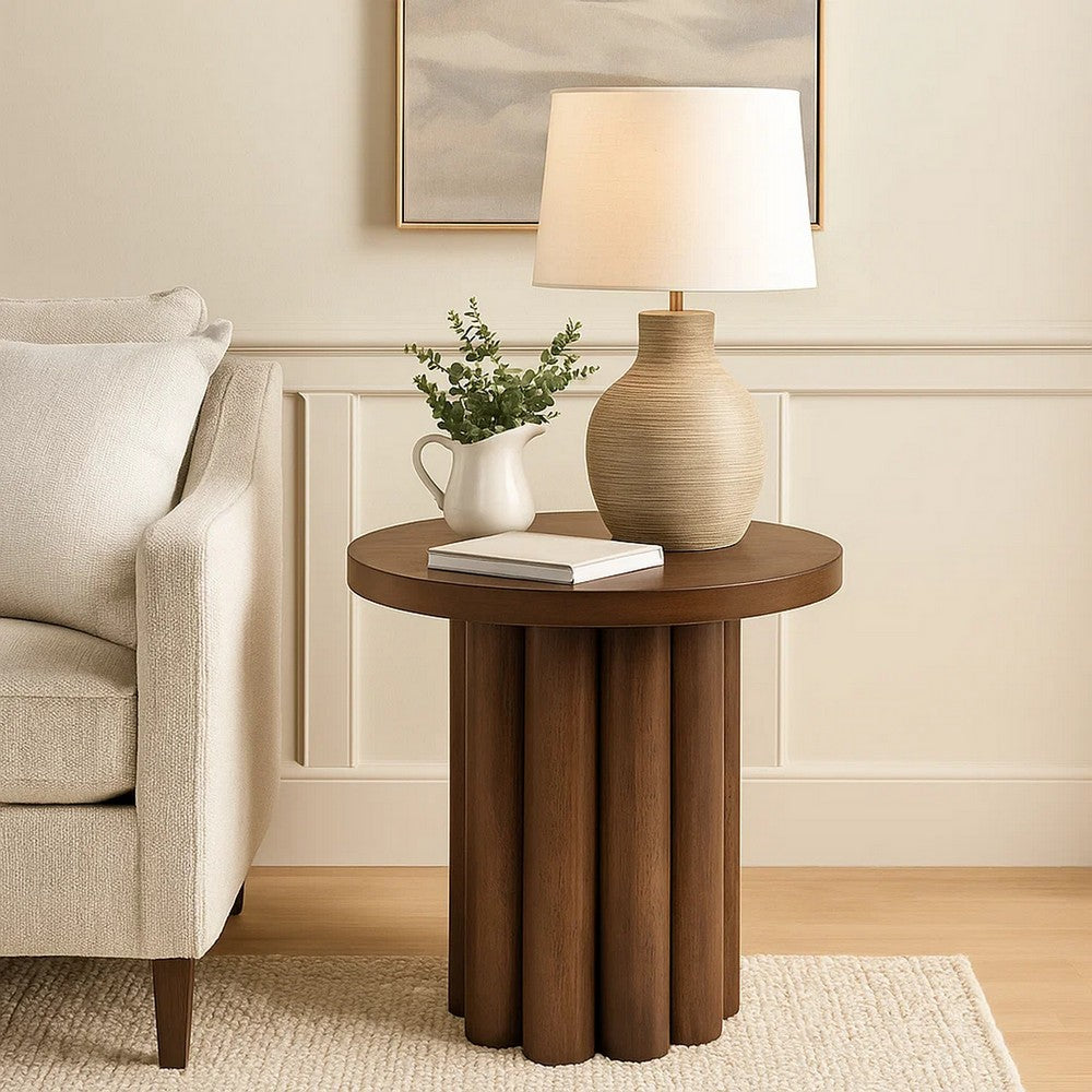 Benjara Sana Side End Table, 20 Inch Round Top, Rustic Fluted Base, Dark Brown