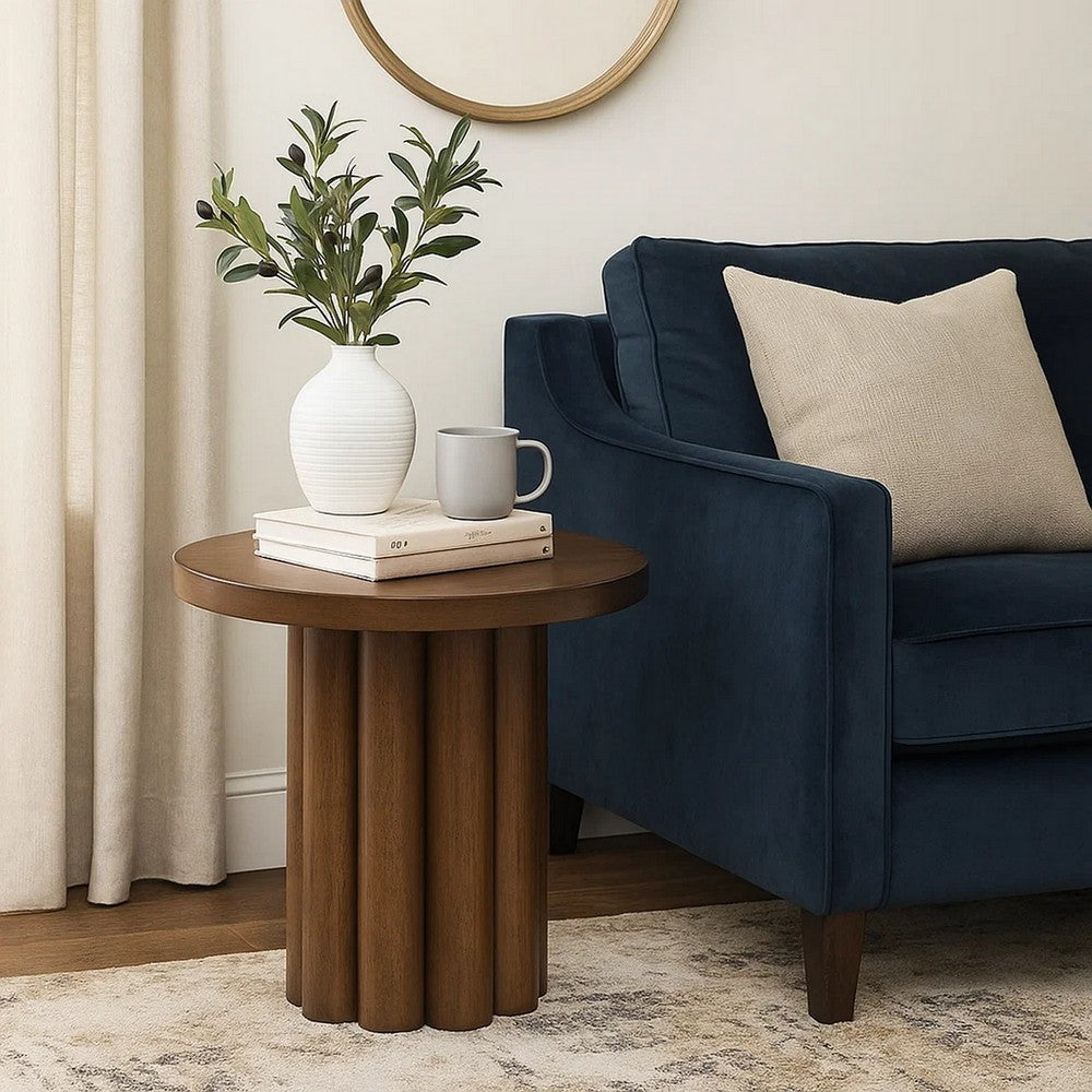 Benjara Sana Side End Table, 20 Inch Round Top, Rustic Fluted Base, Dark Brown