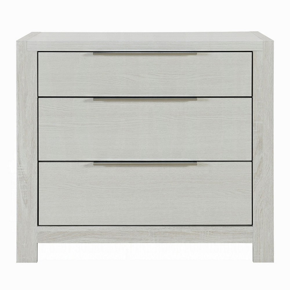 Benjara Geya Nightstand with 3 Drawers, Chrome Metal Handles, Light Gray