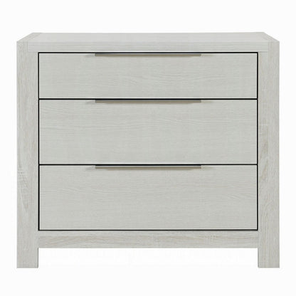 Benjara Geya Nightstand with 3 Drawers, Chrome Metal Handles, Light Gray