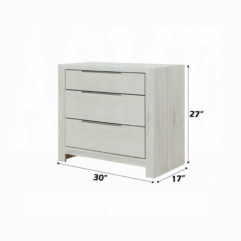 Benjara Geya Nightstand with 3 Drawers, Chrome Metal Handles, Light Gray