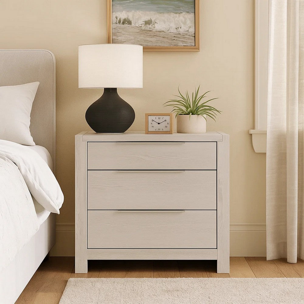 Benjara Geya Nightstand with 3 Drawers, Chrome Metal Handles, Light Gray