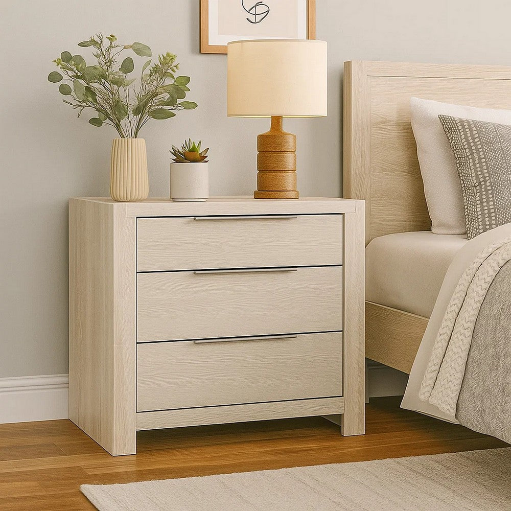 Benjara Geya Nightstand with 3 Drawers, Chrome Metal Handles, Light Gray