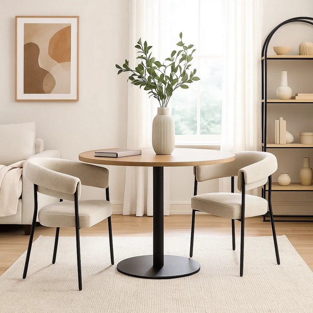 Benjara Jexy Dining Armchair Set of 2, Barrel Back, Black Metal, Beige Seat