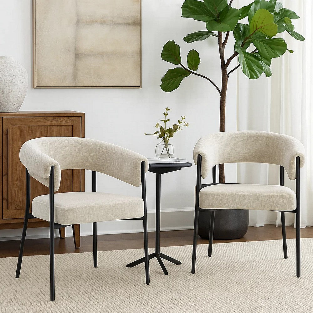 Benjara Jexy Dining Armchair Set of 2, Barrel Back, Black Metal, Beige Seat