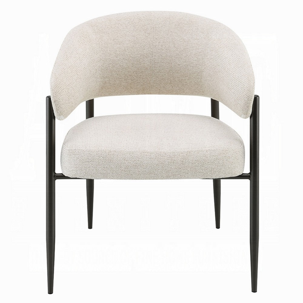 Benjara Jexy Dining Armchair Set of 2, Barrel Back, Beige Chenille, Black Metal