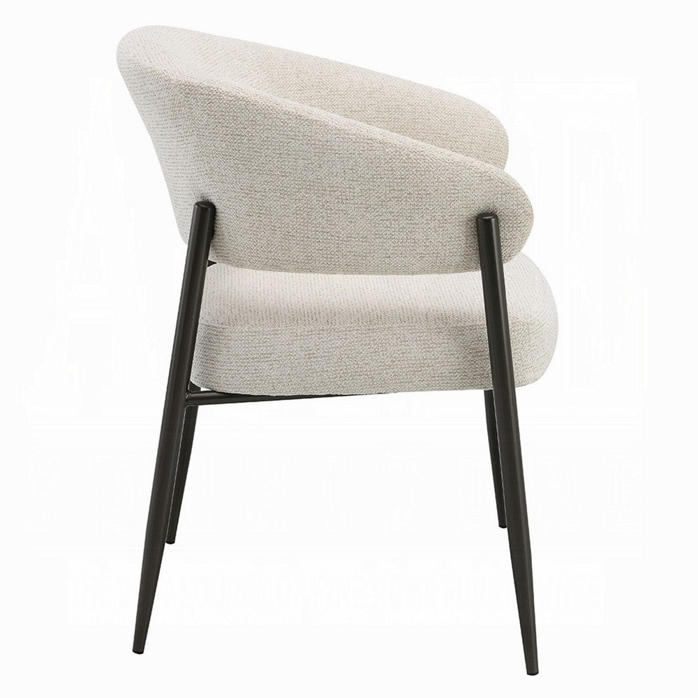 Benjara Jexy Dining Armchair Set of 2, Barrel Back, Beige Chenille, Black Metal