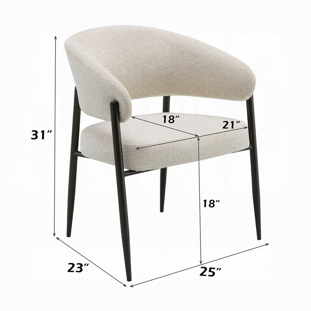 Benjara Jexy Dining Armchair Set of 2, Barrel Back, Beige Chenille, Black Metal