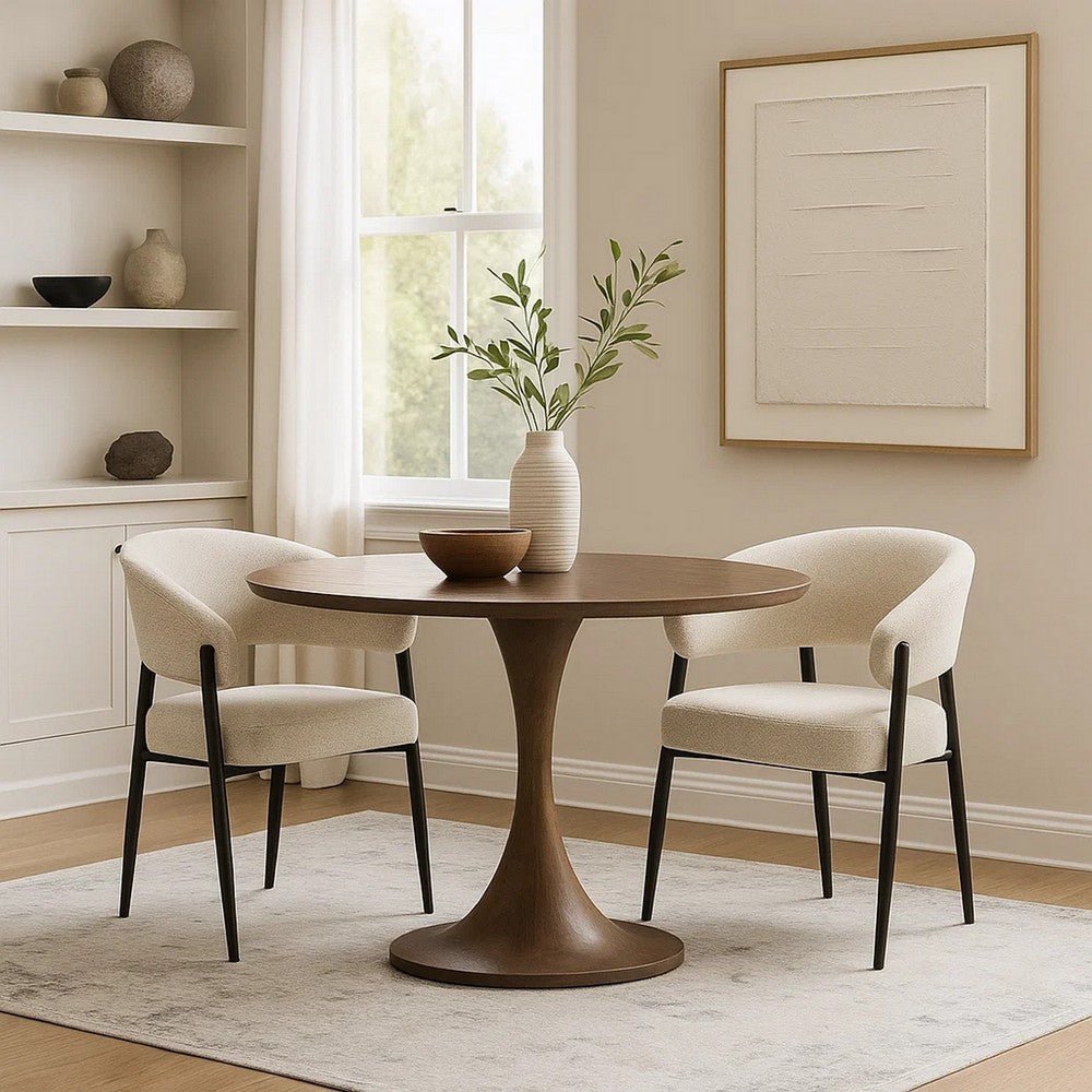 Benjara Jexy Dining Armchair Set of 2, Barrel Back, Beige Chenille, Black Metal