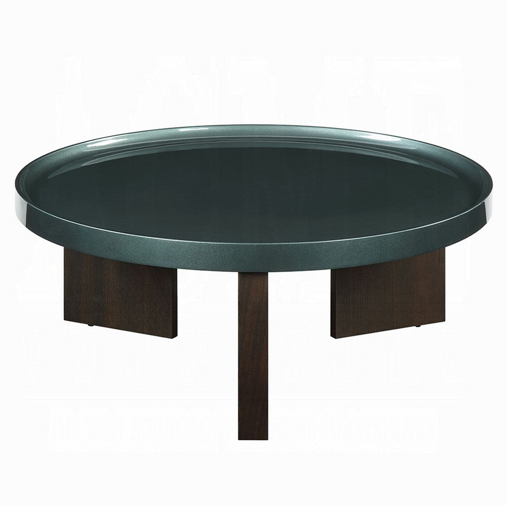 Benjara Lexy Coffee Table, 35 Inch Round Top, Low Profile High Gloss Blackish Green