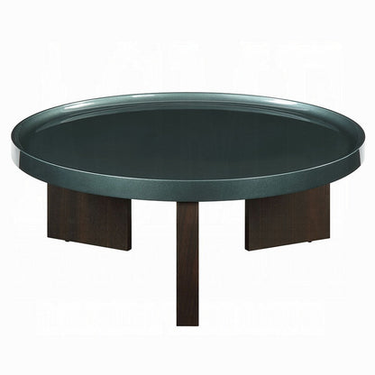 Benjara Lexy Coffee Table, 35 Inch Round Top, Low Profile High Gloss Blackish Green
