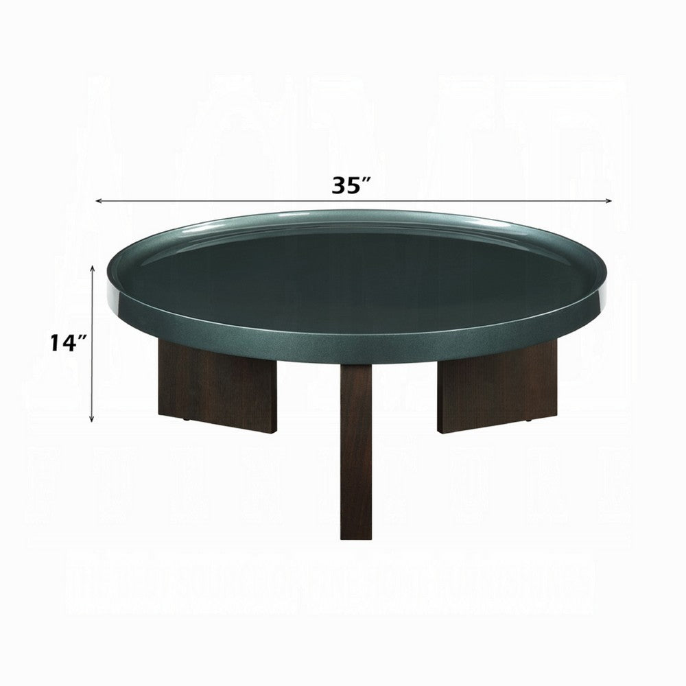 Benjara Lexy Coffee Table, 35 Inch Round Top, Low Profile High Gloss Blackish Green