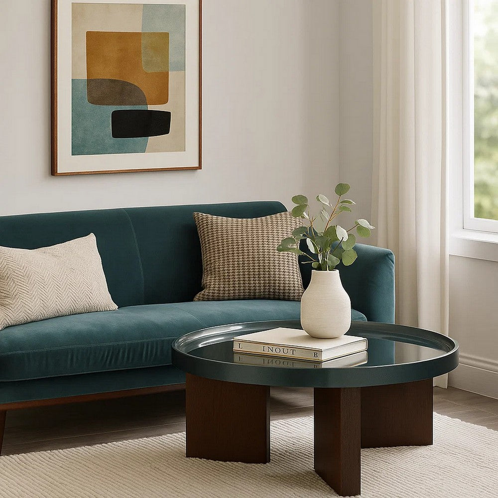 Benjara Lexy Coffee Table, 35 Inch Round Top, Low Profile High Gloss Blackish Green